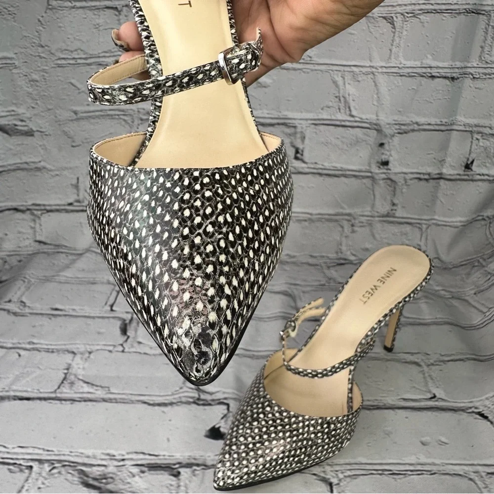 Nine West Snakeskin Black and White Pointed Toe High Heel Mules Size 7